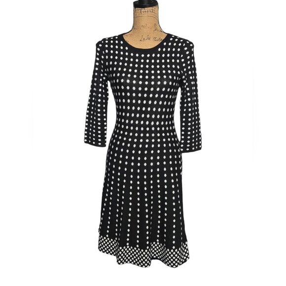 Spense 3/4 Sleeve A-Line Midi Polka Dot Sweater Dress Sz Small P Black & White - Picture 1 of 7
